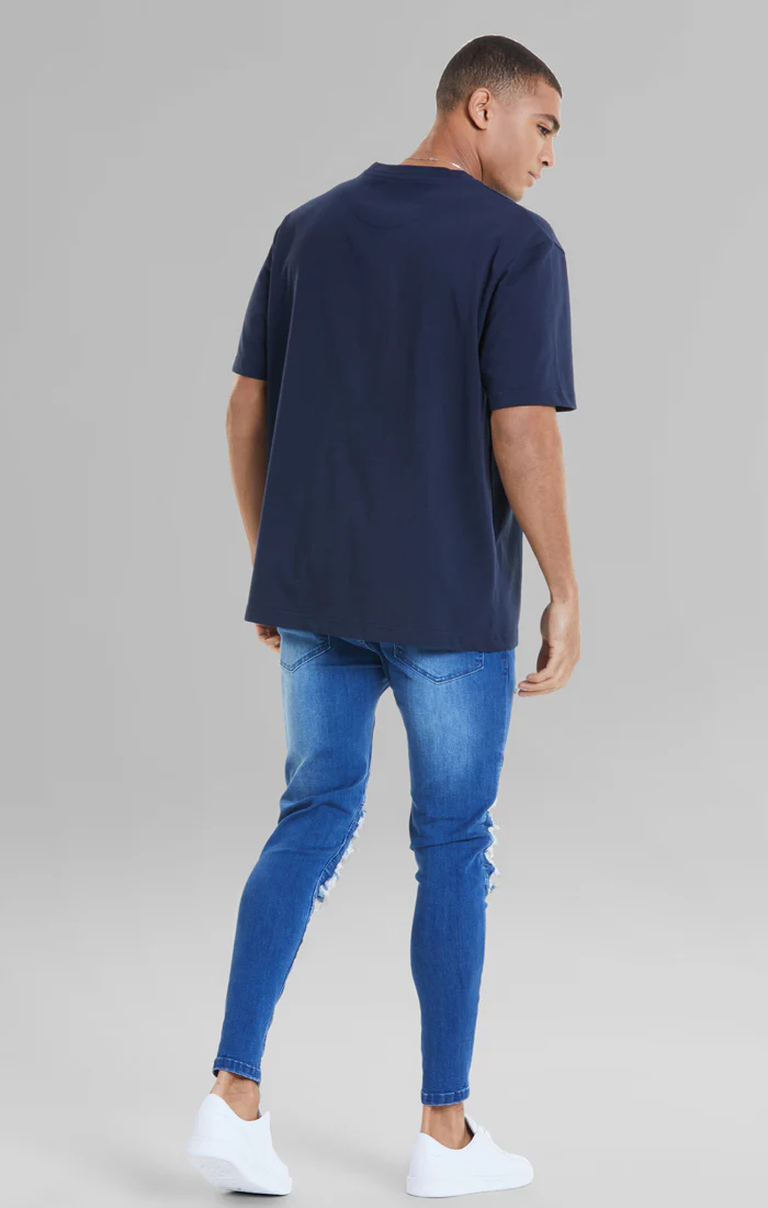 SikSilk Raw Hem Biker Jeans - Midstone Blue - Image 3