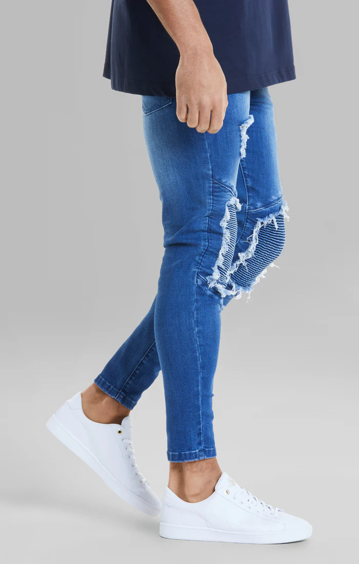 SikSilk Raw Hem Biker Jeans - Midstone Blue - Image 4