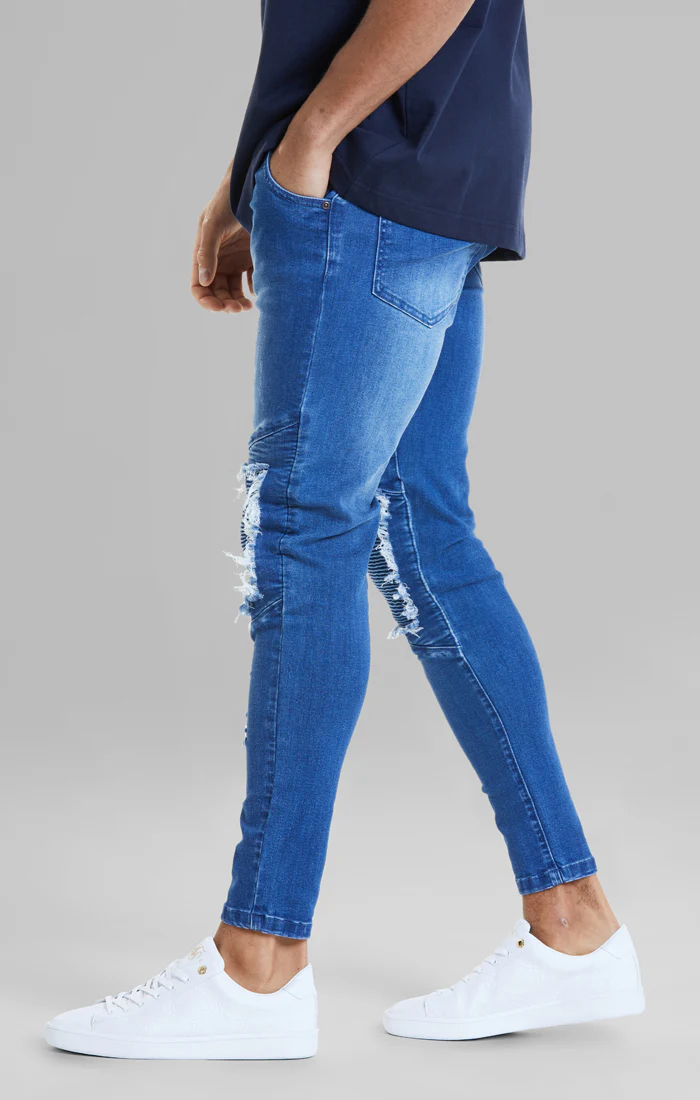 SikSilk Raw Hem Biker Jeans - Midstone Blue - Image 5