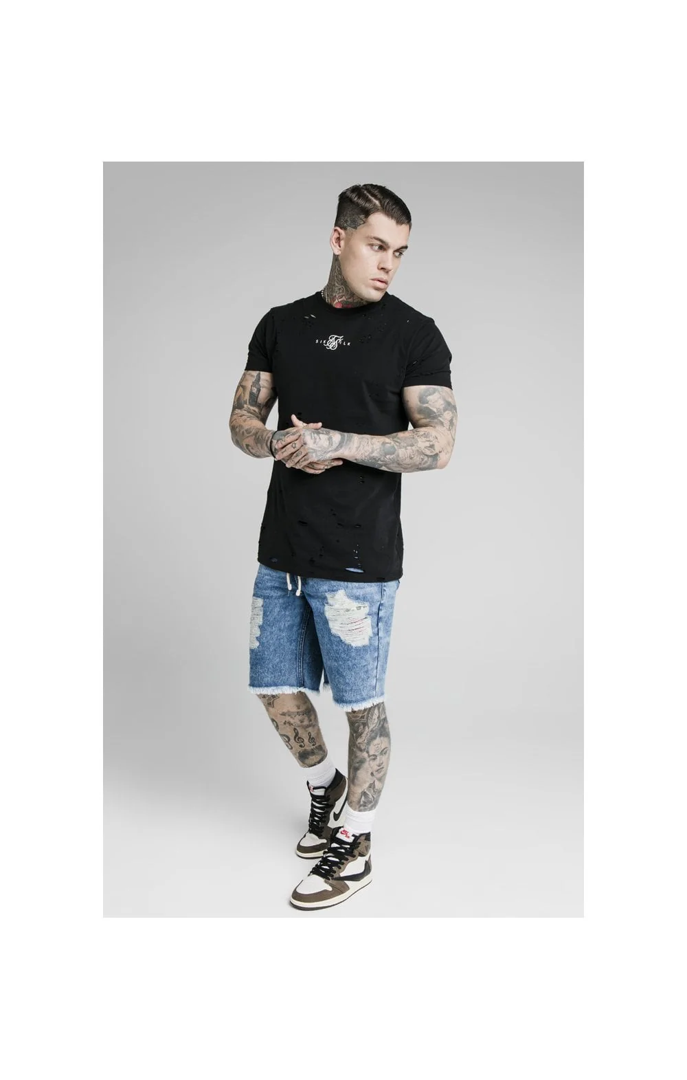 SikSilk Relaxed Floral Pixel Denim Shorts – Midstone - Image 3