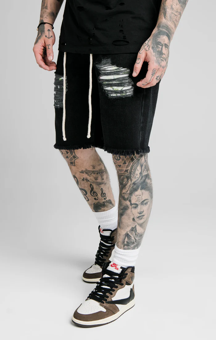 Black Floral Relaxed Denim Short