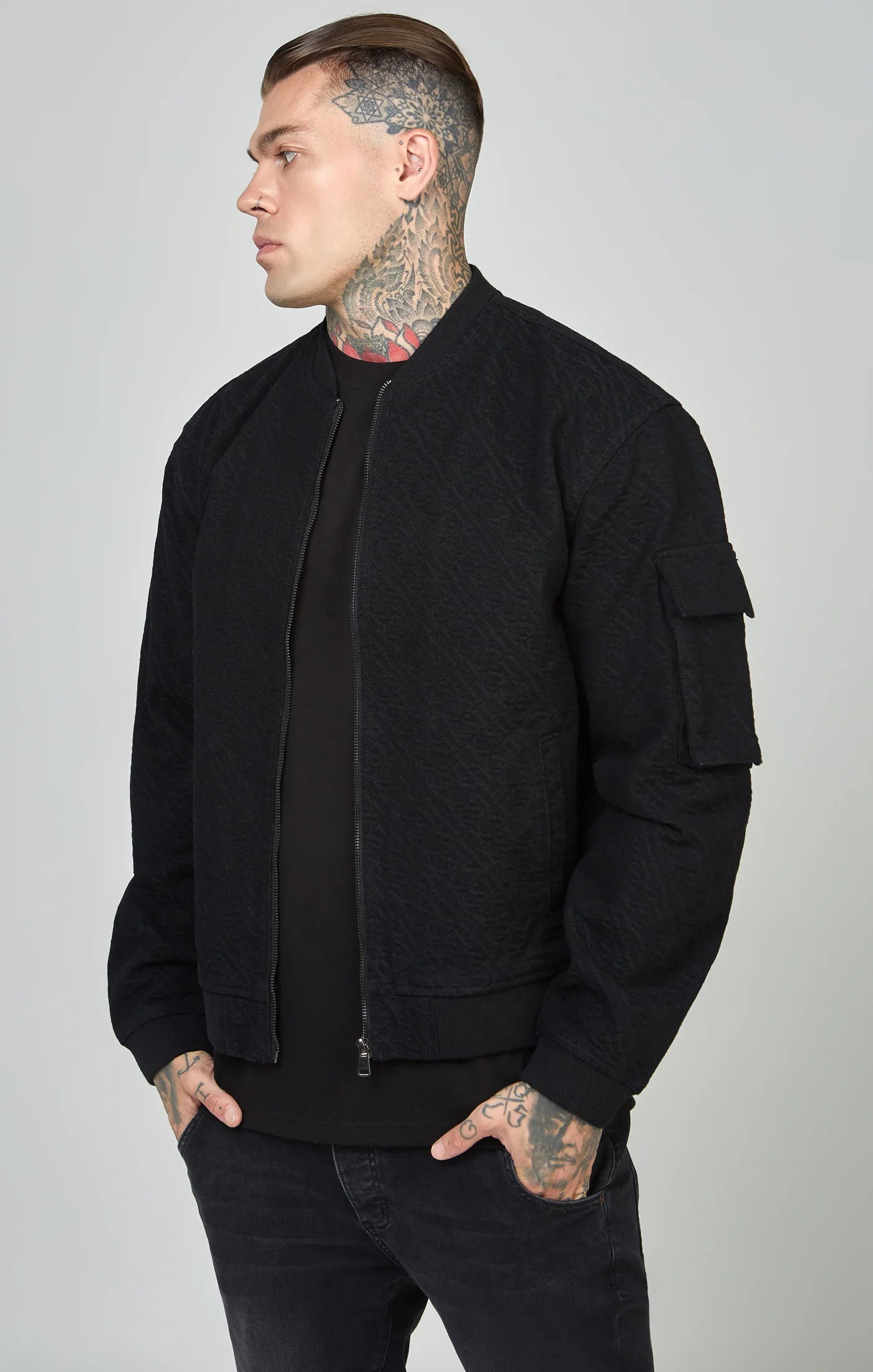 Black Repeat Logo Denim Bomber Jacket - Image 4