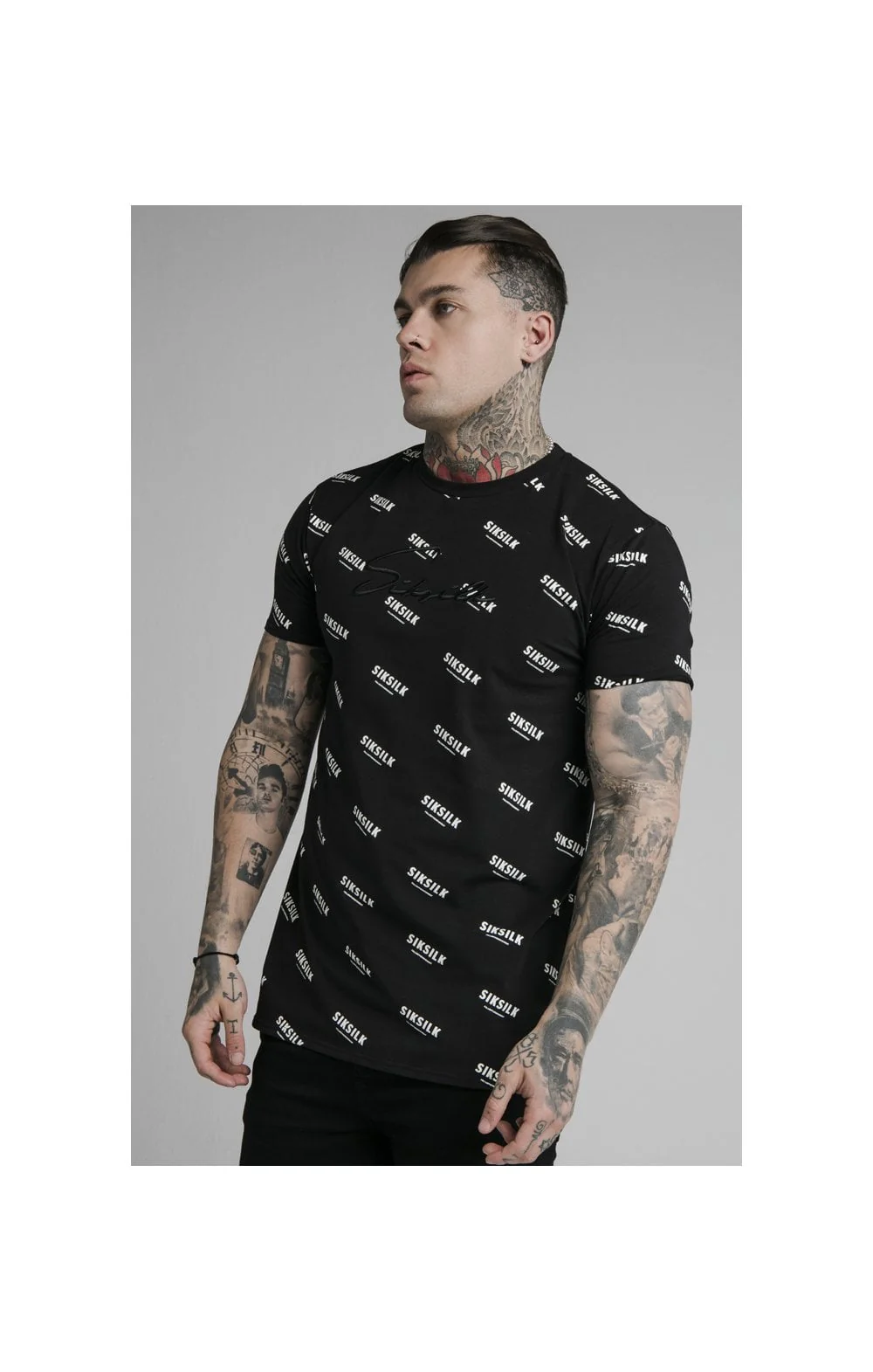 SikSilk Repeat Print Box Tee - Black
