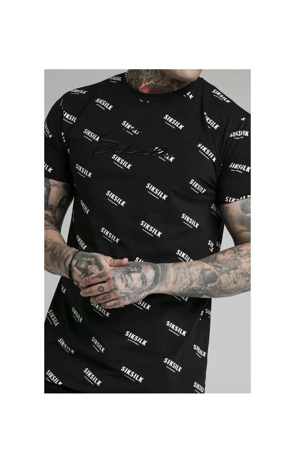 SikSilk Repeat Print Box Tee - Black - Image 2