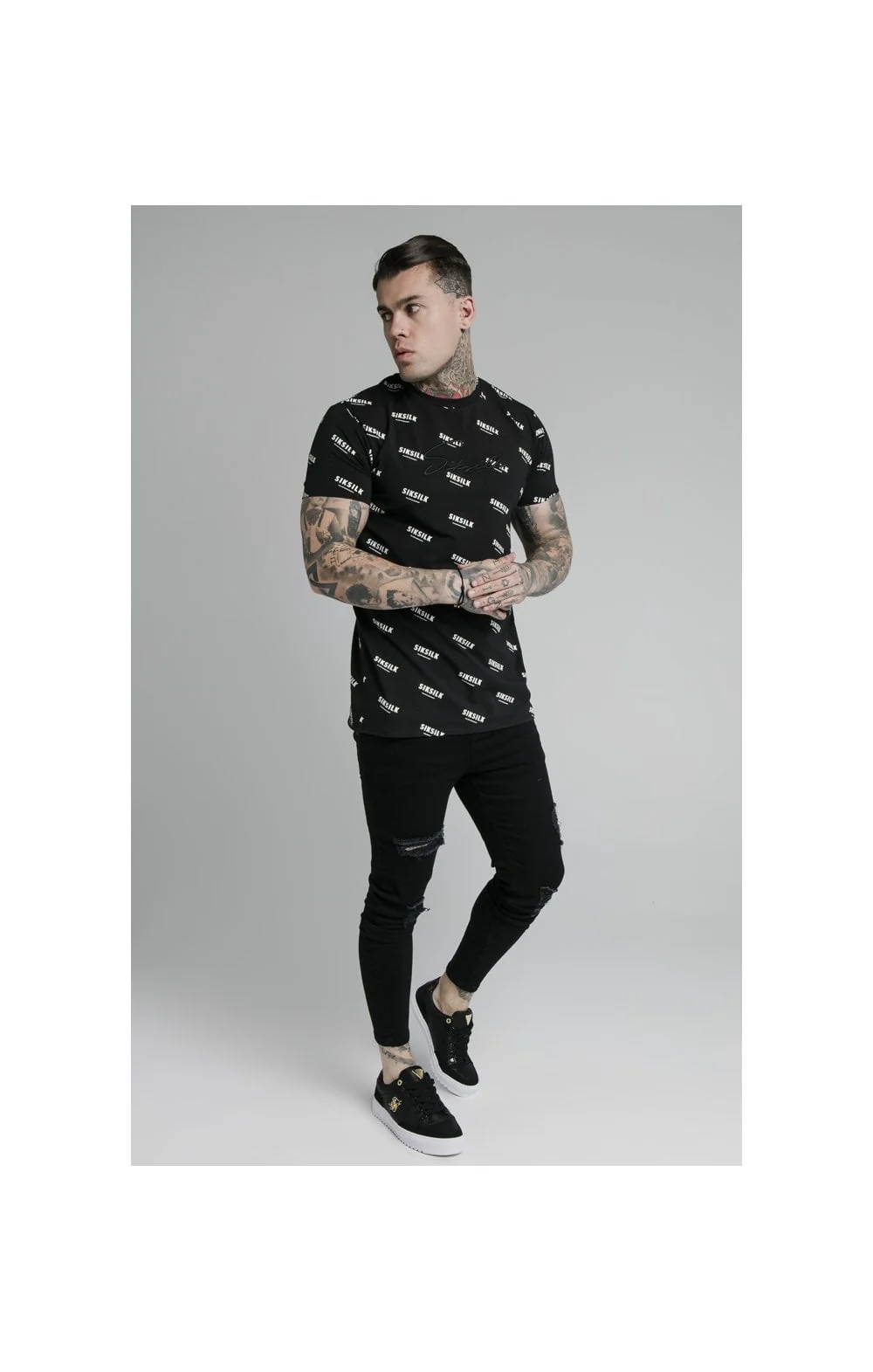 SikSilk Repeat Print Box Tee - Black - Image 3