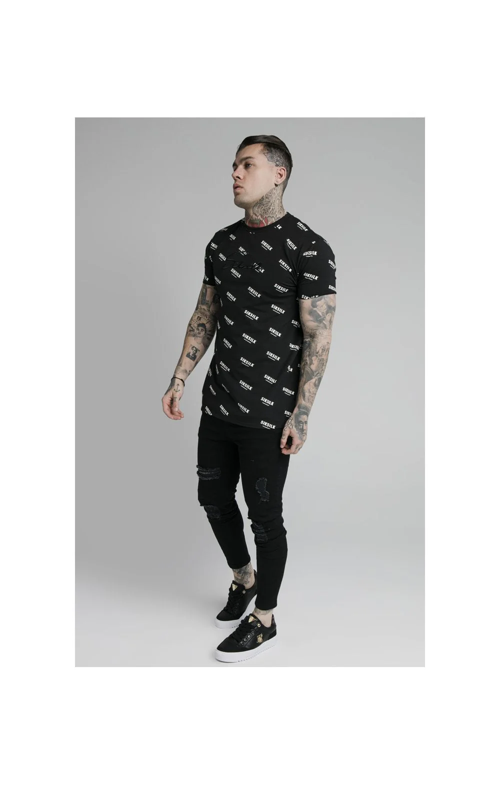 SikSilk Repeat Print Box Tee - Black - Image 4