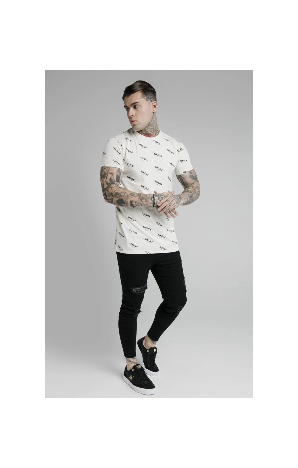 SikSilk Repeat Print Box Tee - Off White - Image 3