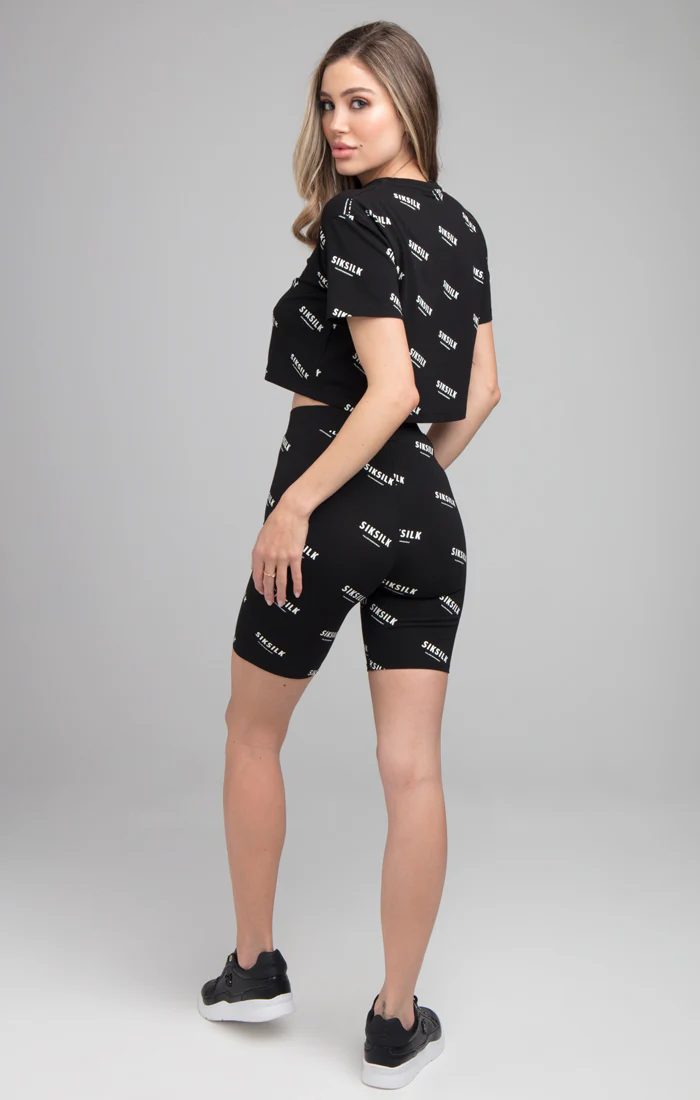 SikSilk Repeat Print Crop Tee - Black - Image 5