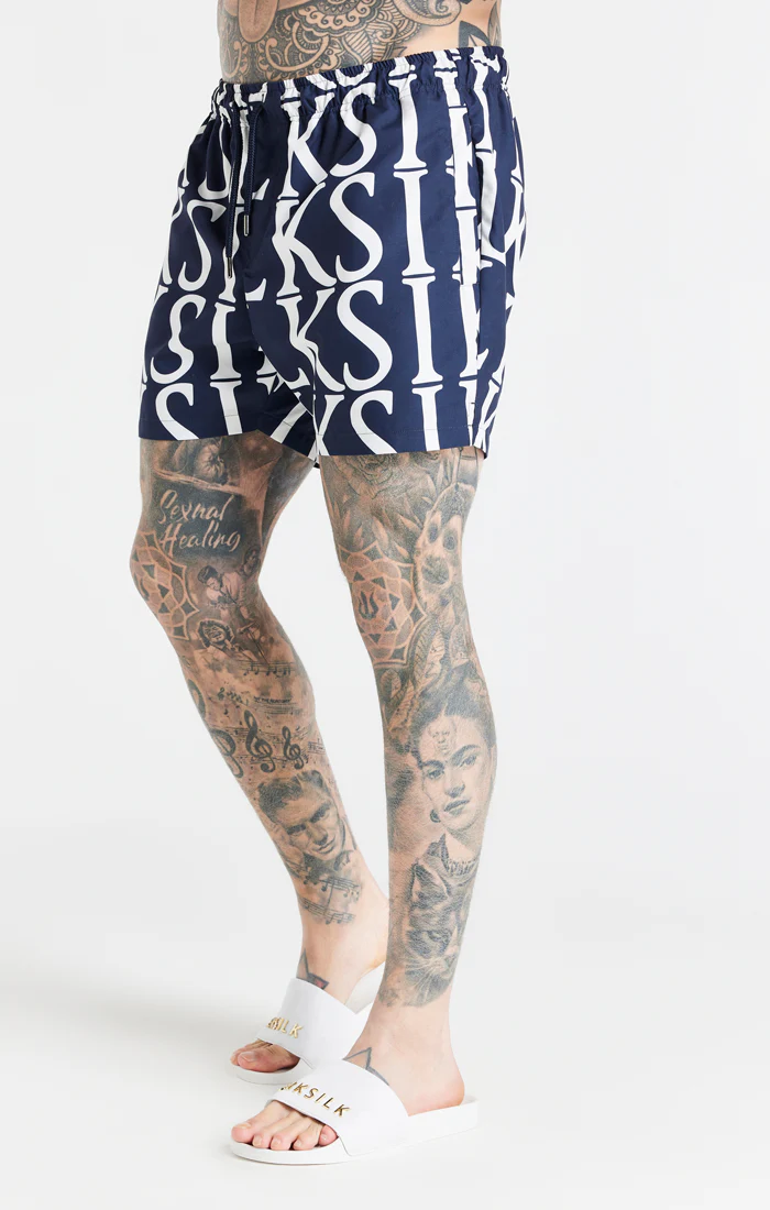 Navy Print Longline Swim Short
