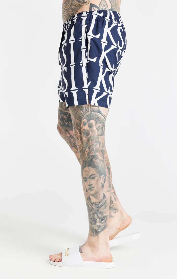 Navy Print Longline Swim Short - Image 2
