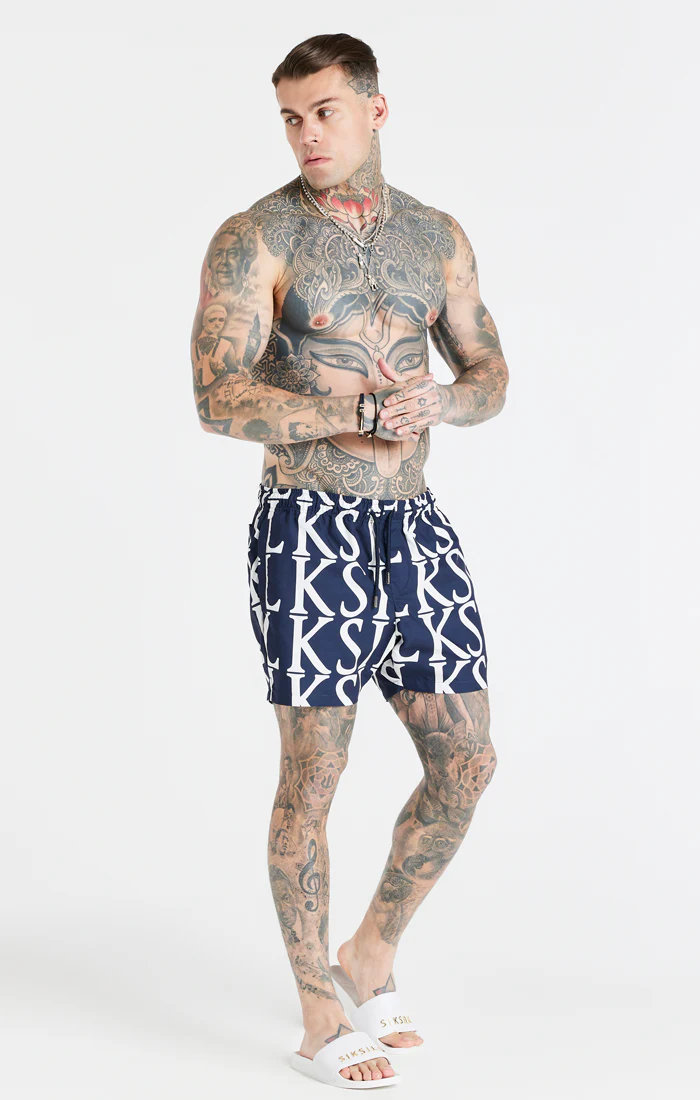 Navy Print Longline Swim Short - Image 3