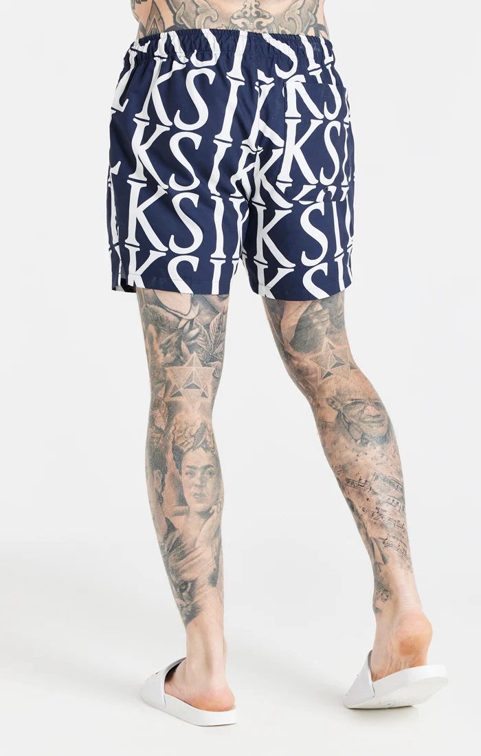 Navy Print Longline Swim Short - Image 4