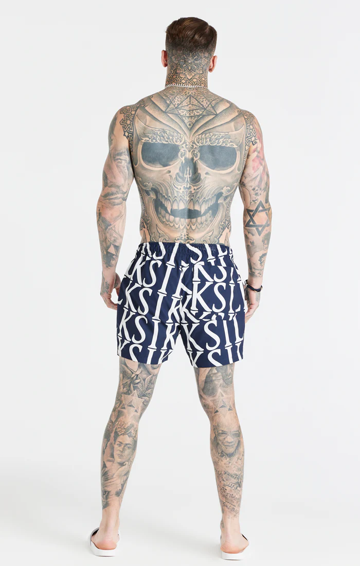 Navy Print Longline Swim Short - Image 5