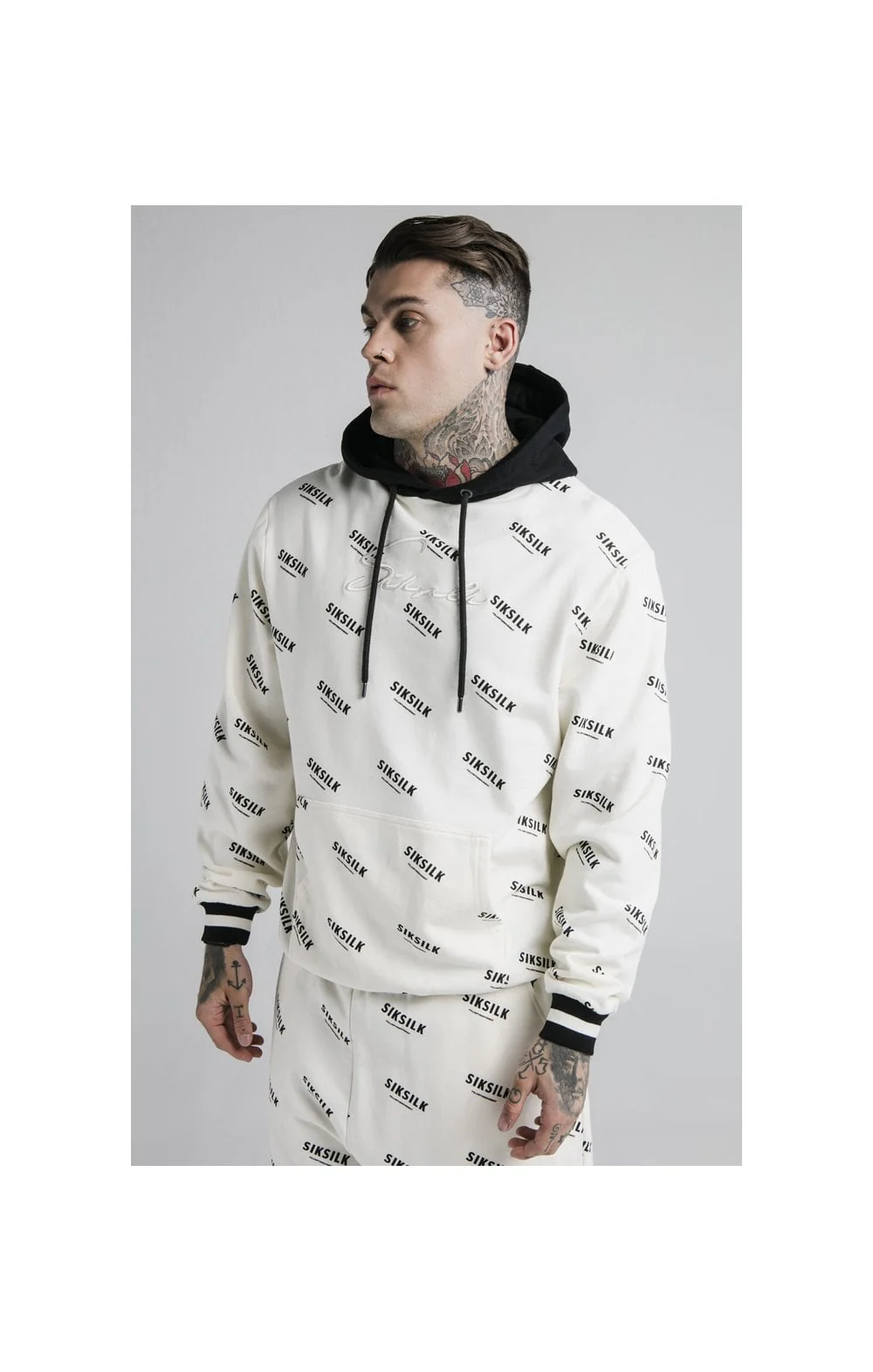 SikSilk Repeat Print Overhead Hoodie - Off White