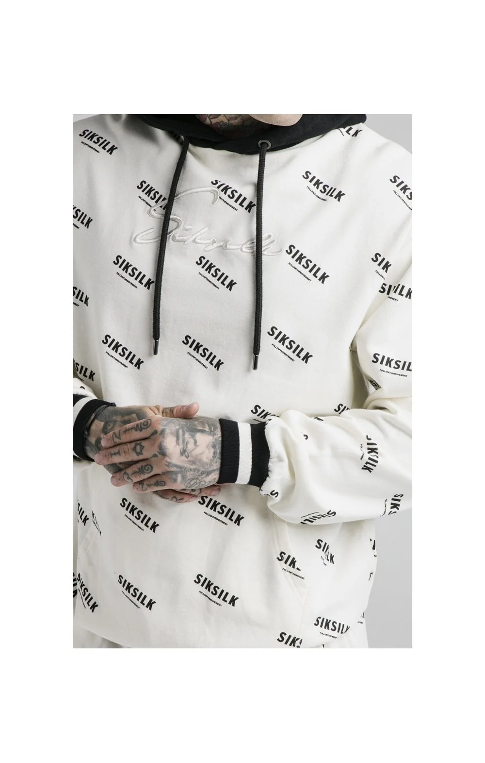 SikSilk Repeat Print Overhead Hoodie - Off White - Image 2