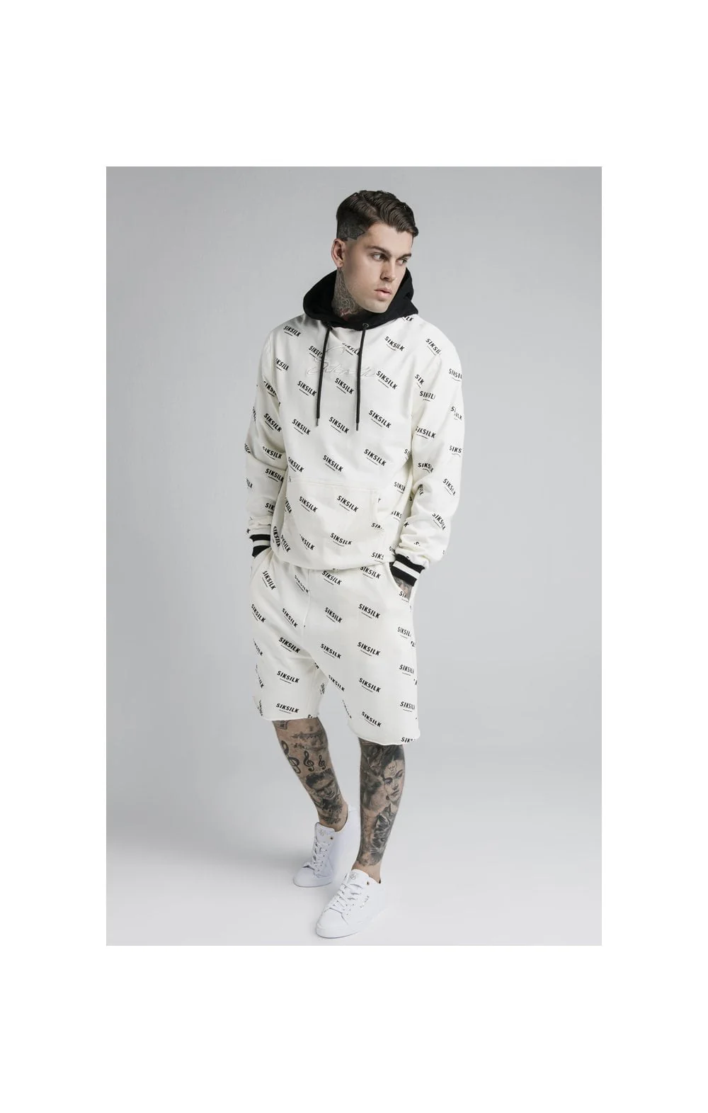 SikSilk Repeat Print Overhead Hoodie - Off White - Image 5