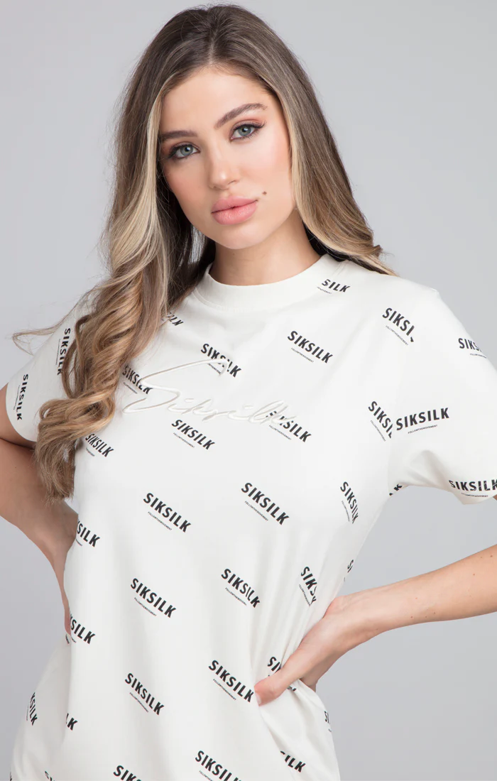 SikSilk Repeat Print T-Shirt Dress - Beige - Image 3