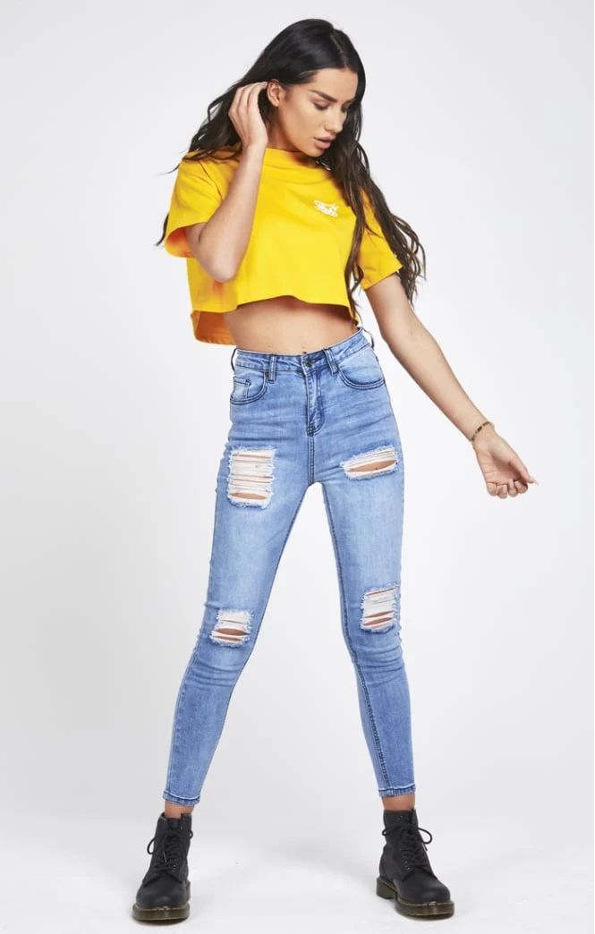 SikSilk Retro Box Crop Tee - Yellow - Image 2