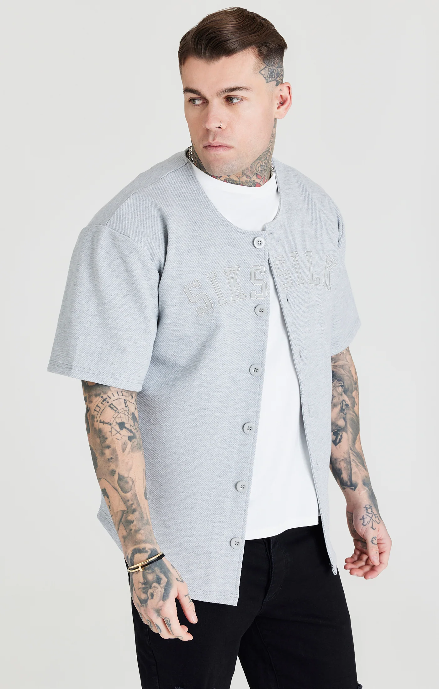 Grey Marl Applique Logo Baseball Jersey