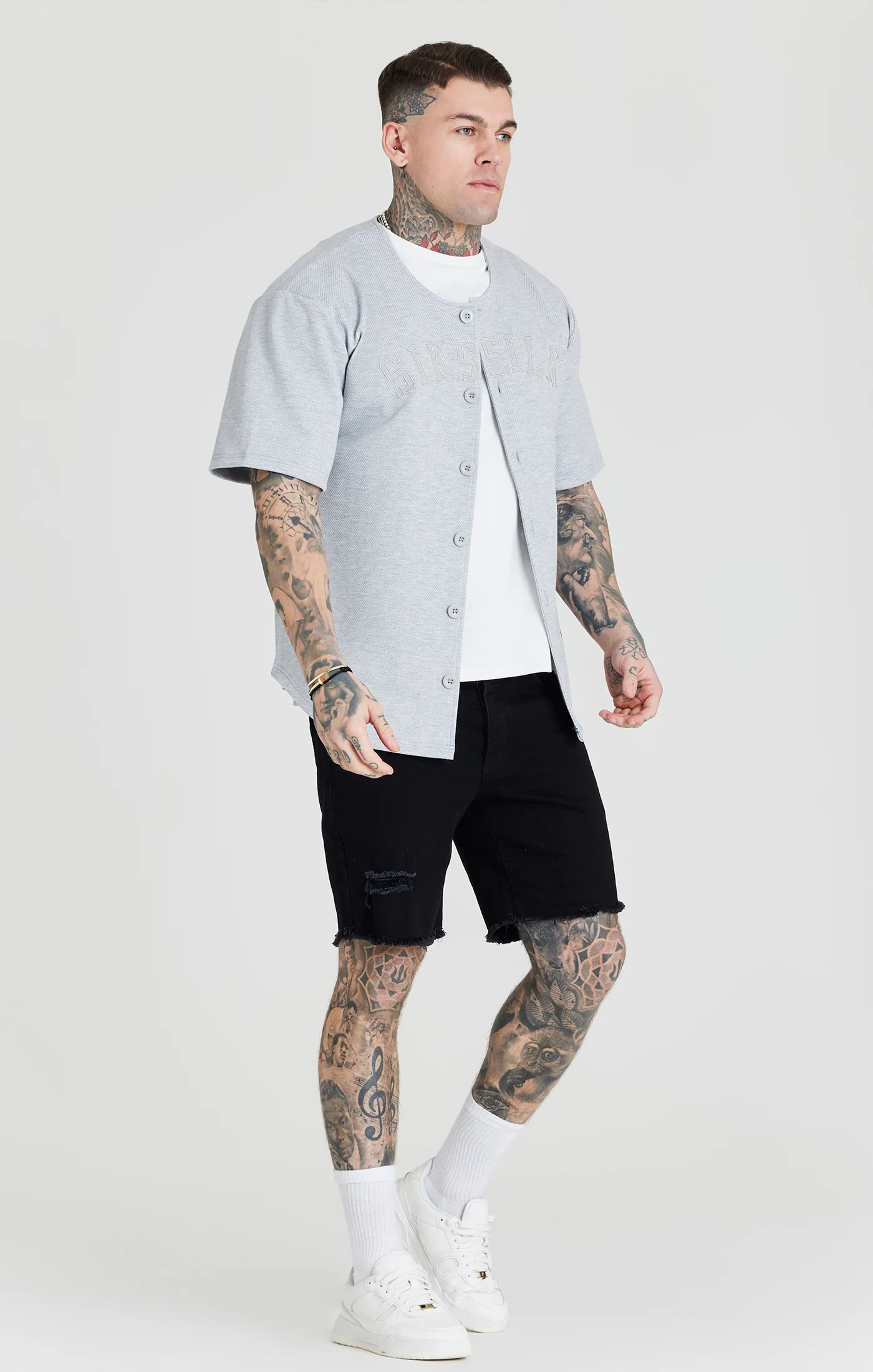 Grey Marl Applique Logo Baseball Jersey - Image 3
