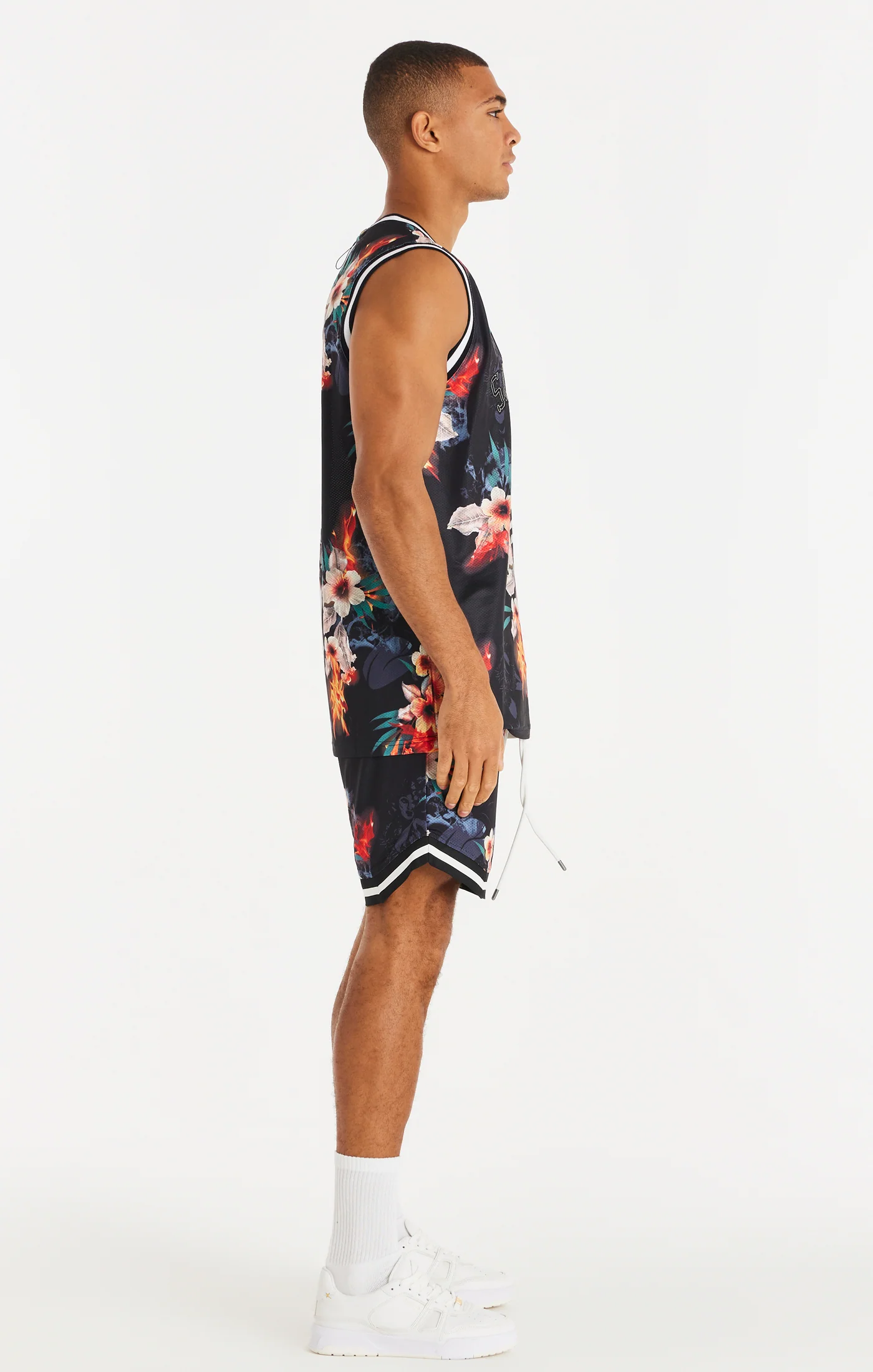SikSilk Retro Fire Basketball Vest - Black & Ecru - Image 3
