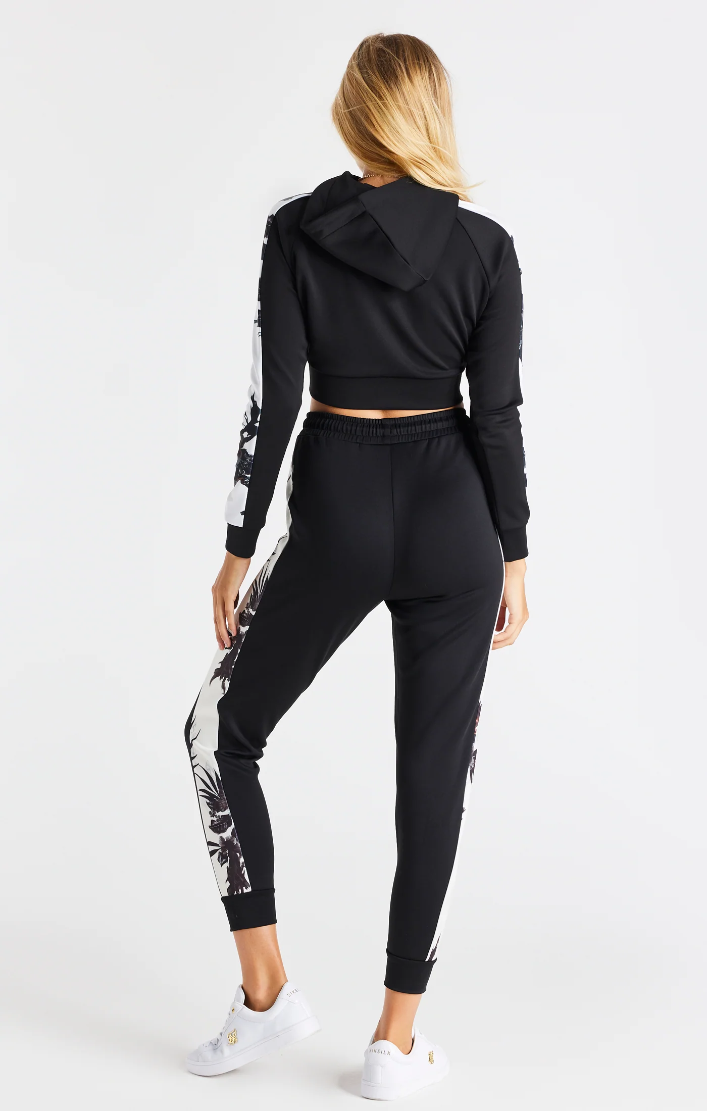 Black Floral Panel Sleeve Crop Hoodie - Image 5