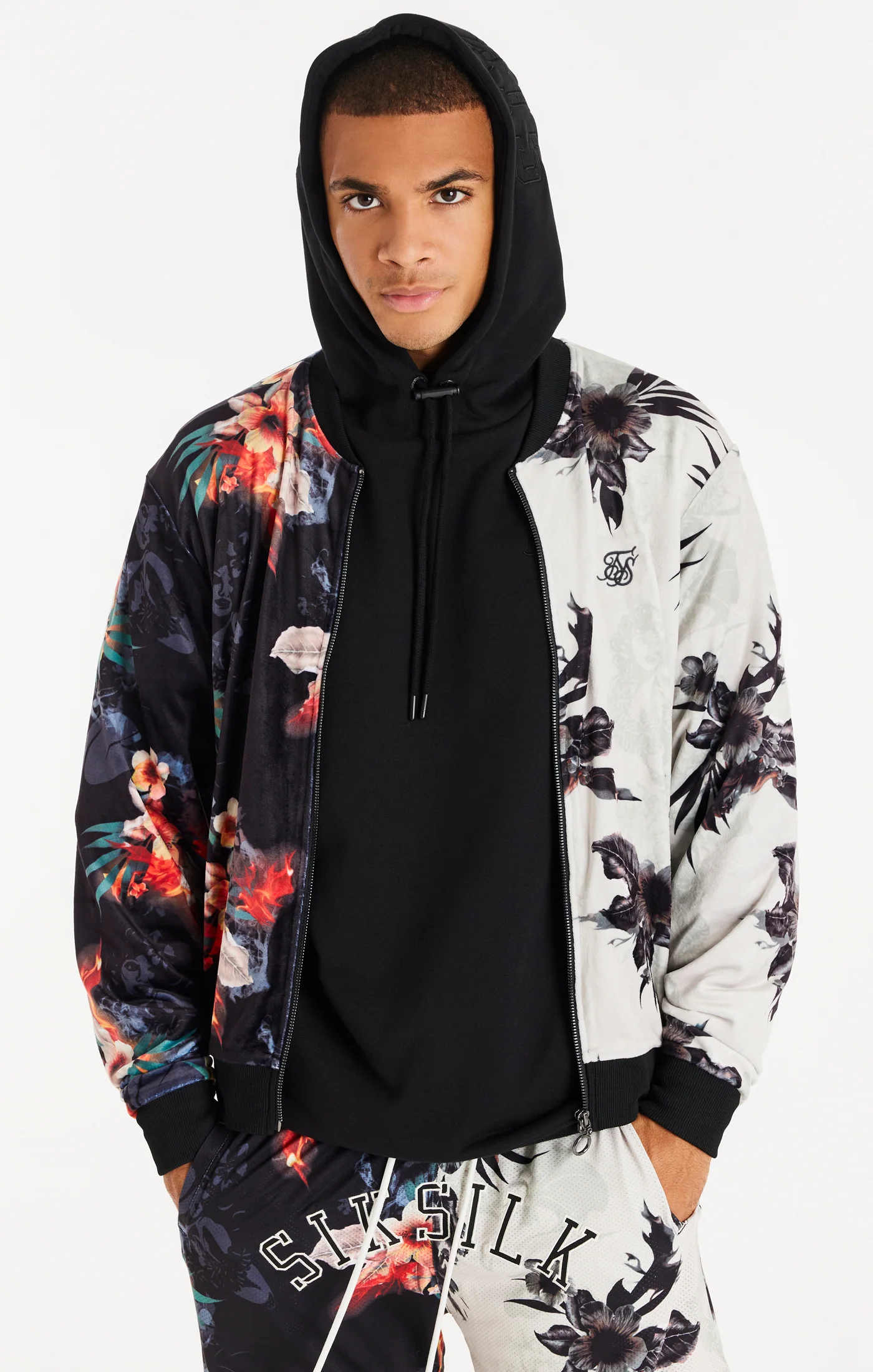 Black Retro Fire Velour Bomber