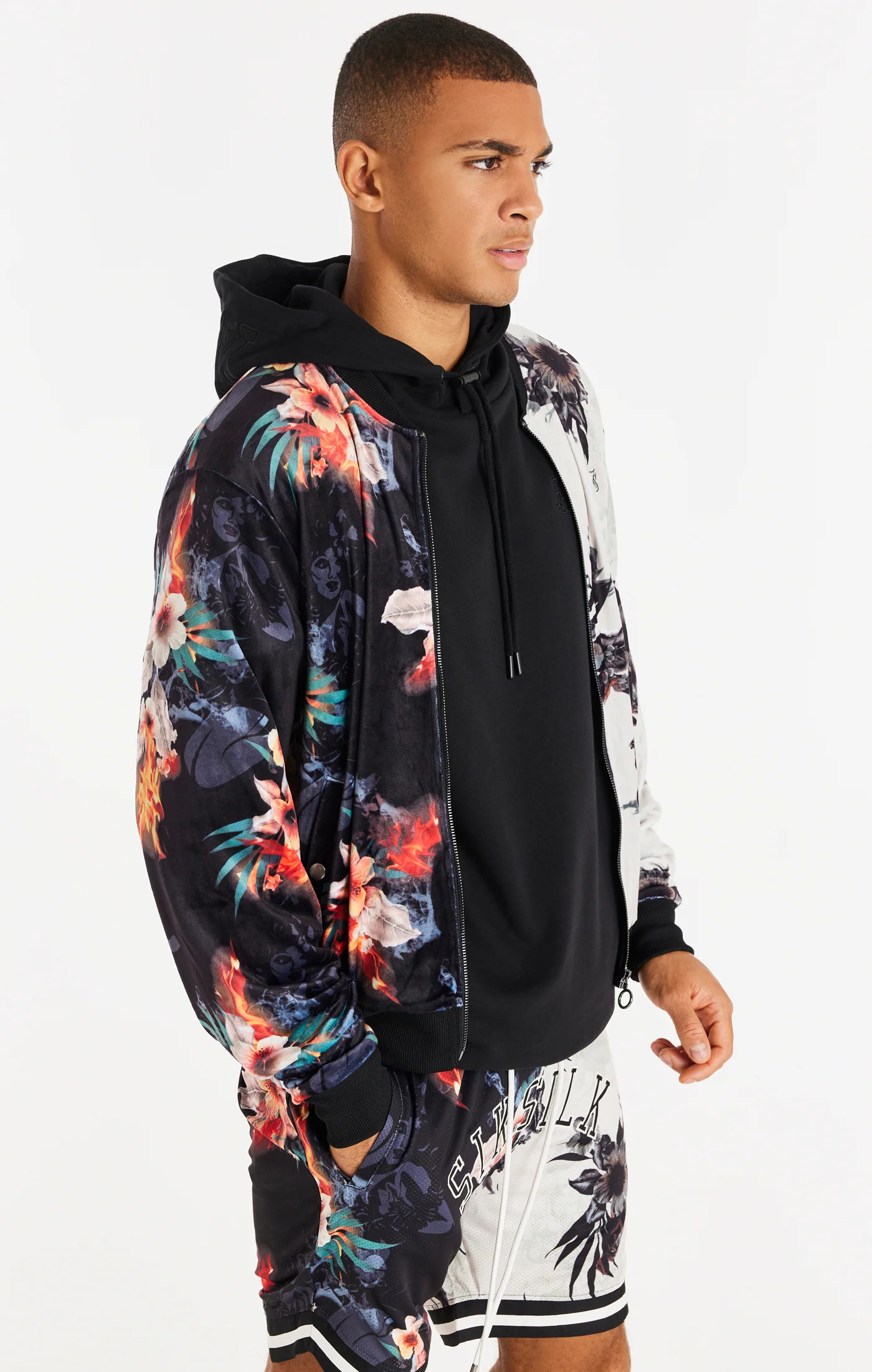 Black Retro Fire Velour Bomber - Image 2