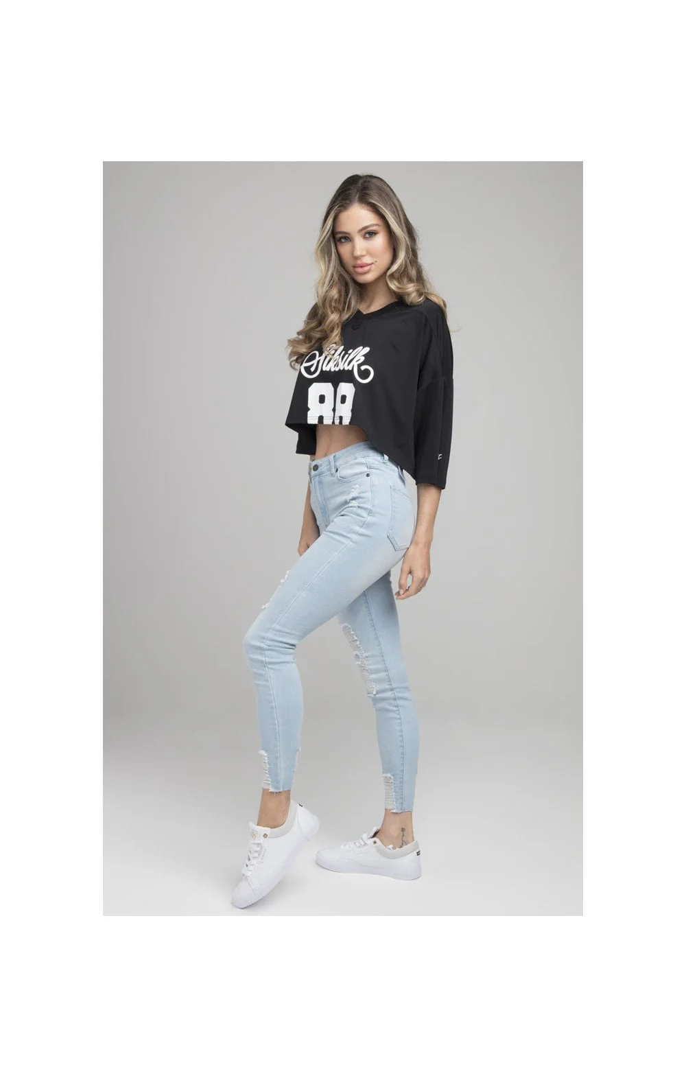 SikSilk Retro Football Crop Jersey - Black - Image 3