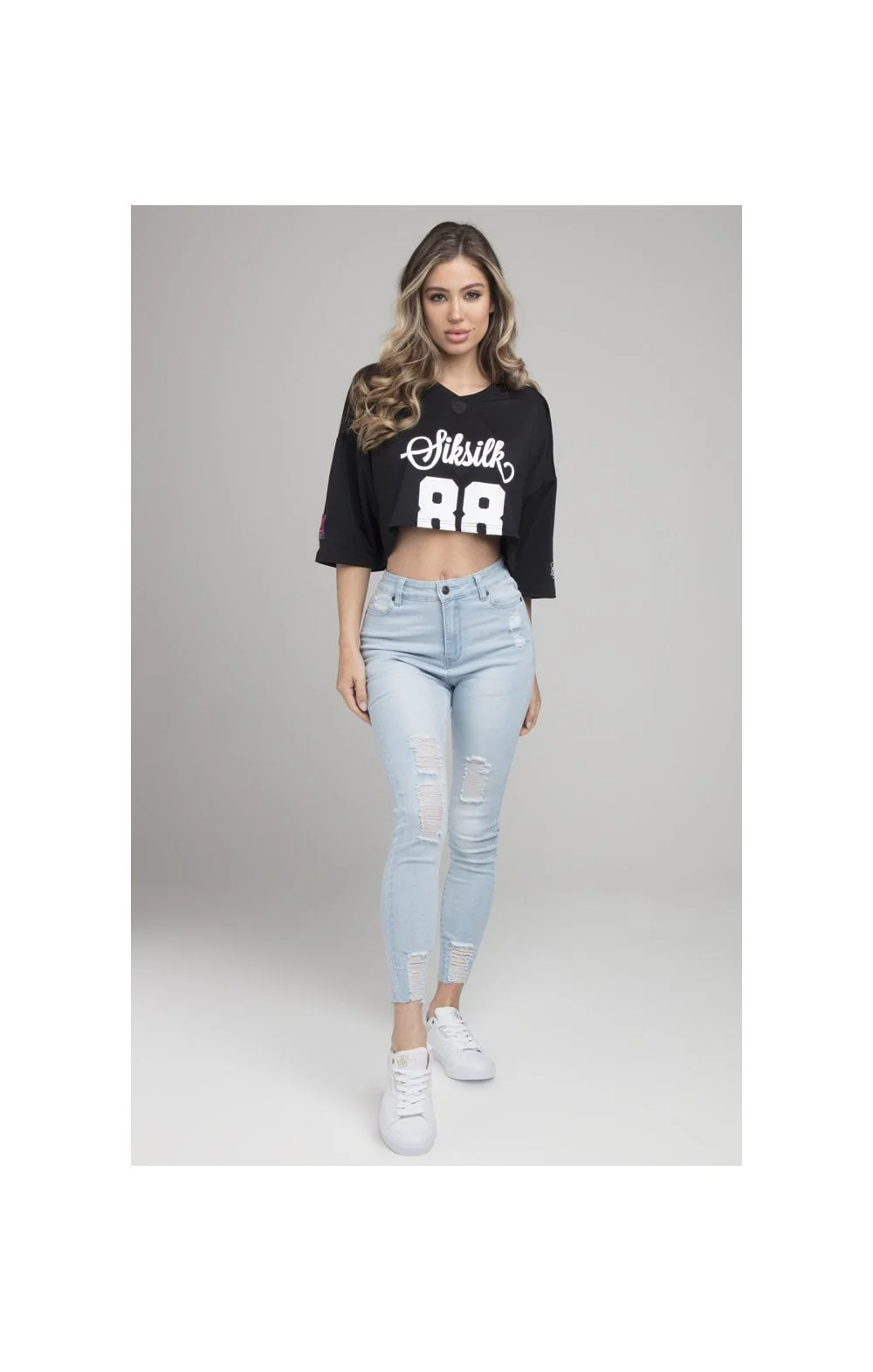 SikSilk Retro Football Crop Jersey - Black - Image 4