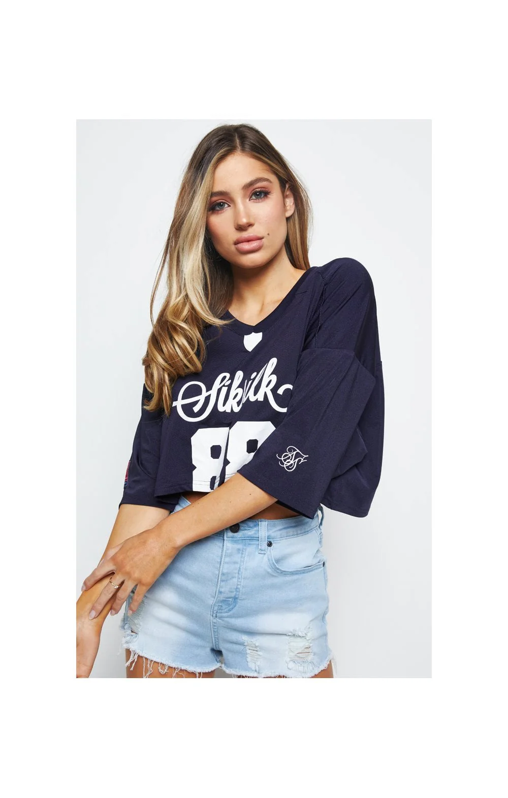 SikSilk Retro Football Crop Jersey - Navy - Image 3