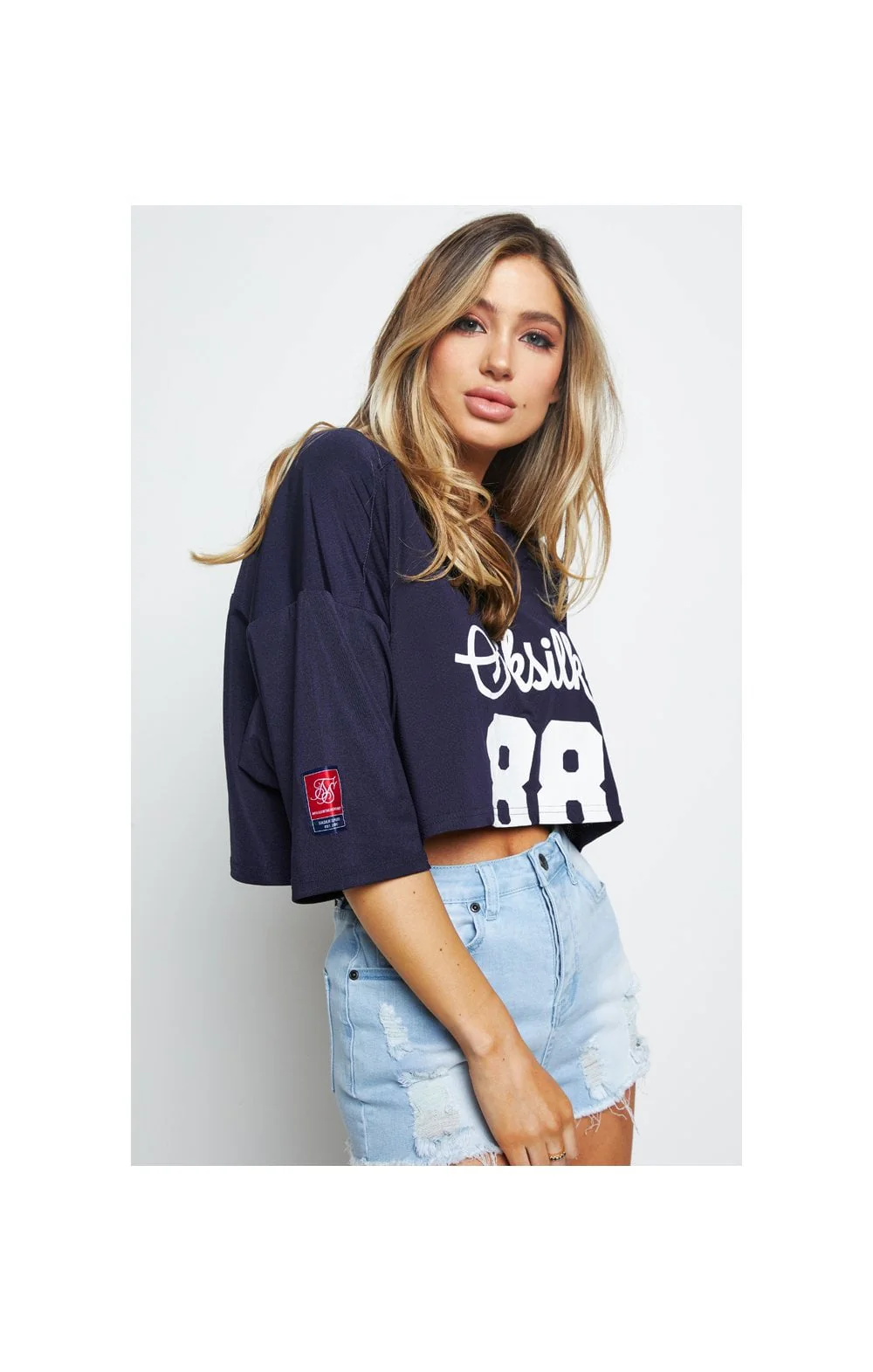 SikSilk Retro Football Crop Jersey - Navy - Image 4