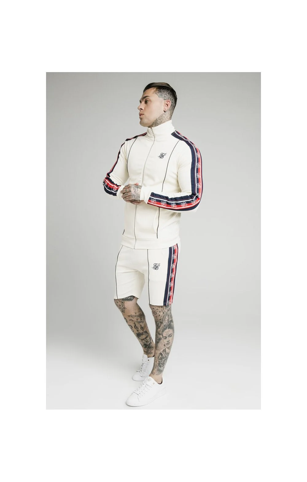 SikSilk Retro Funnel Neck Tape Zip Through Track Top - Off White - Image 3