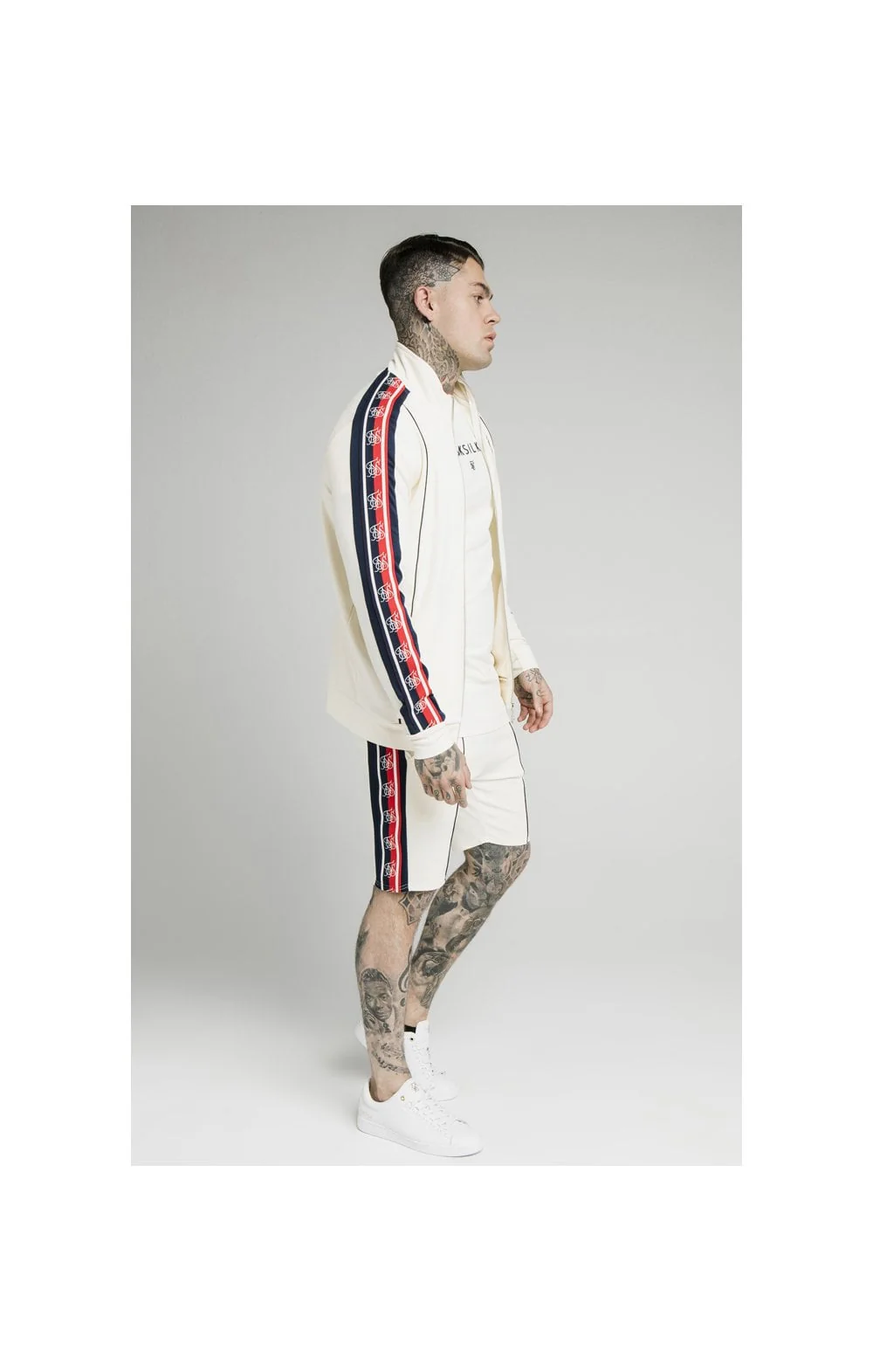SikSilk Retro Funnel Neck Tape Zip Through Track Top - Off White - Image 6