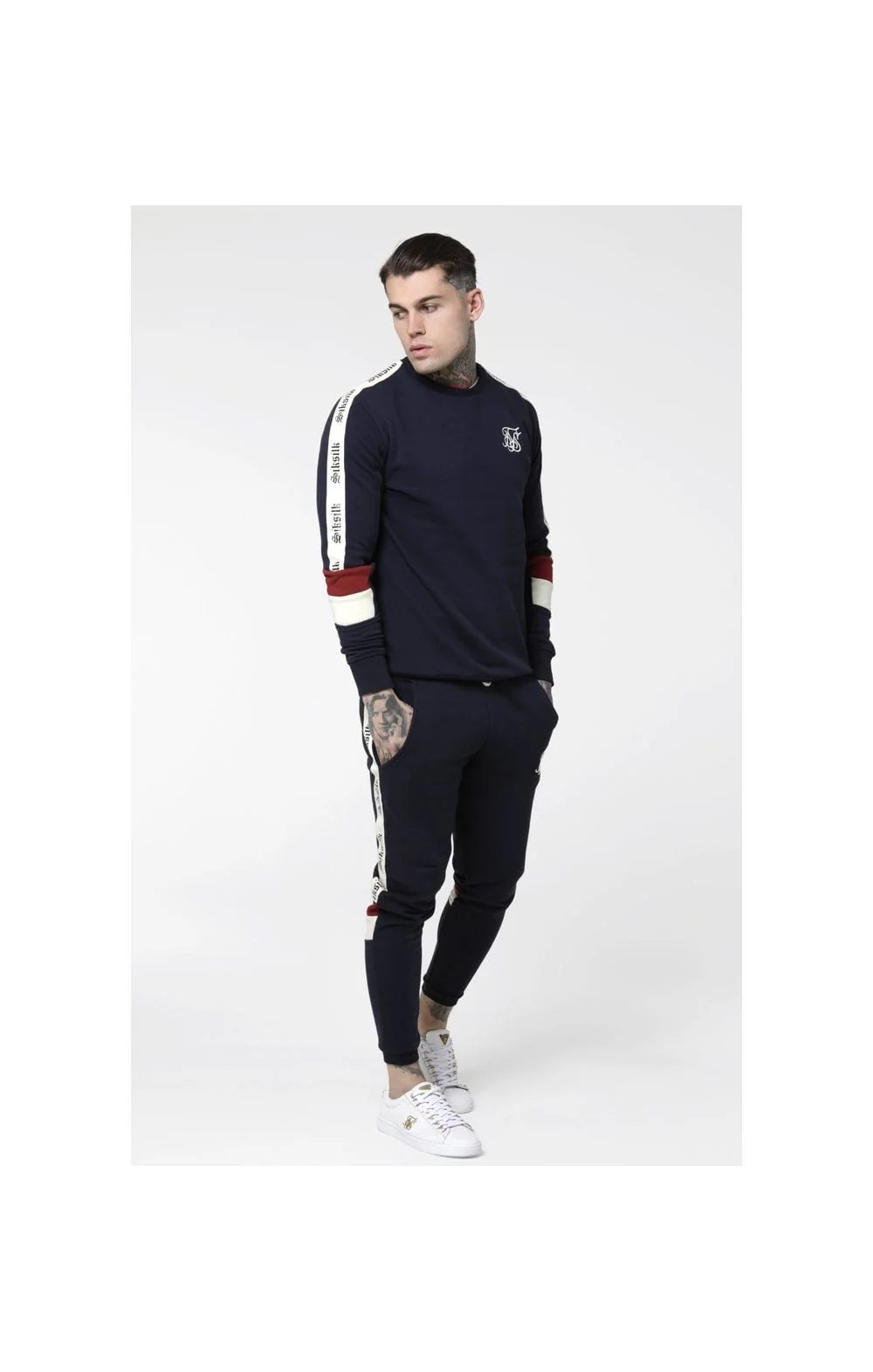 SikSilk Retro Panel Tape Crew Sweater - Navy,Red & Off White - Image 4