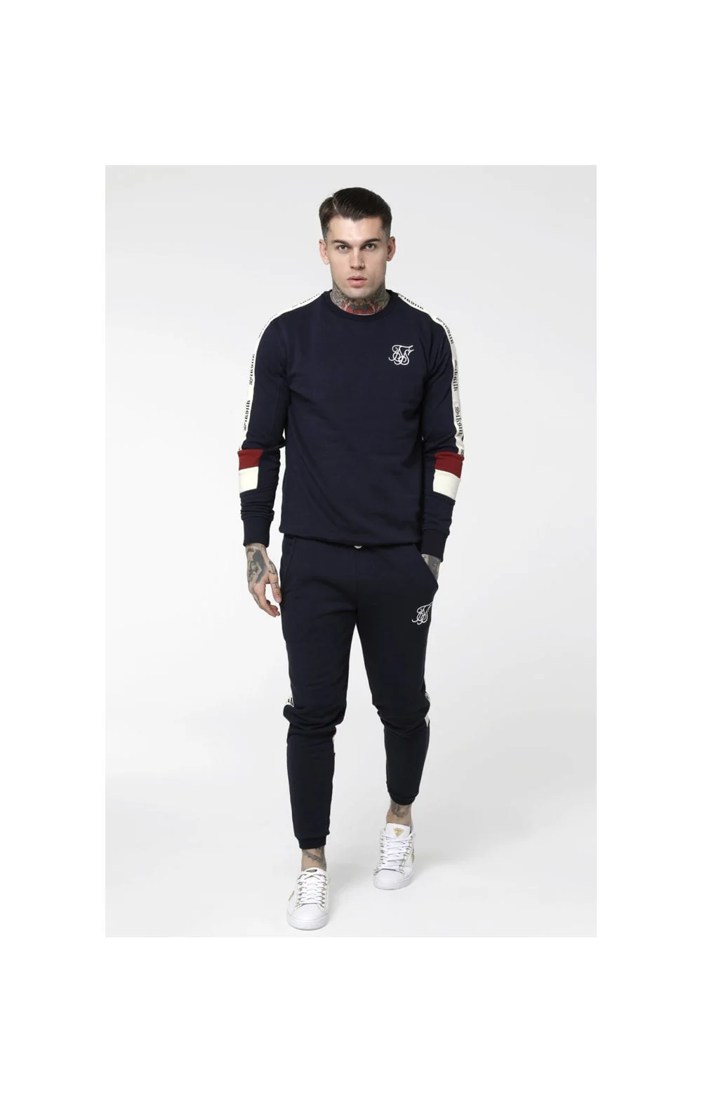 SikSilk Retro Panel Tape Crew Sweater - Navy,Red & Off White - Image 5