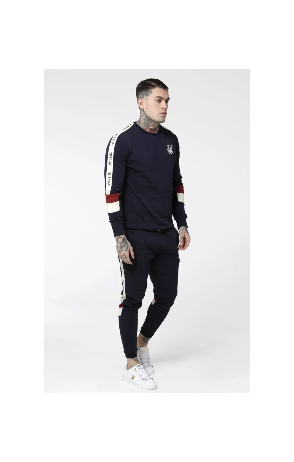 SikSilk Retro Panel Tape Crew Sweater - Navy,Red & Off White - Image 6