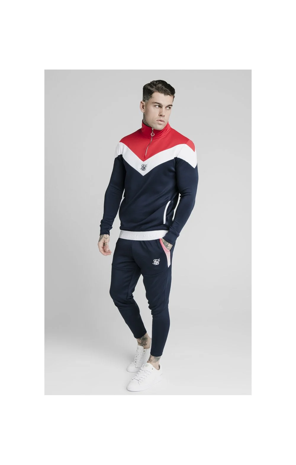 SikSilk Retro Quarter Zip Overhead Track Top - Navy,Red & White