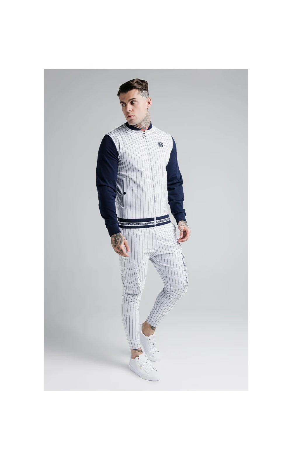 SikSilk Retro Sports Bomber - Navy & White - Image 4