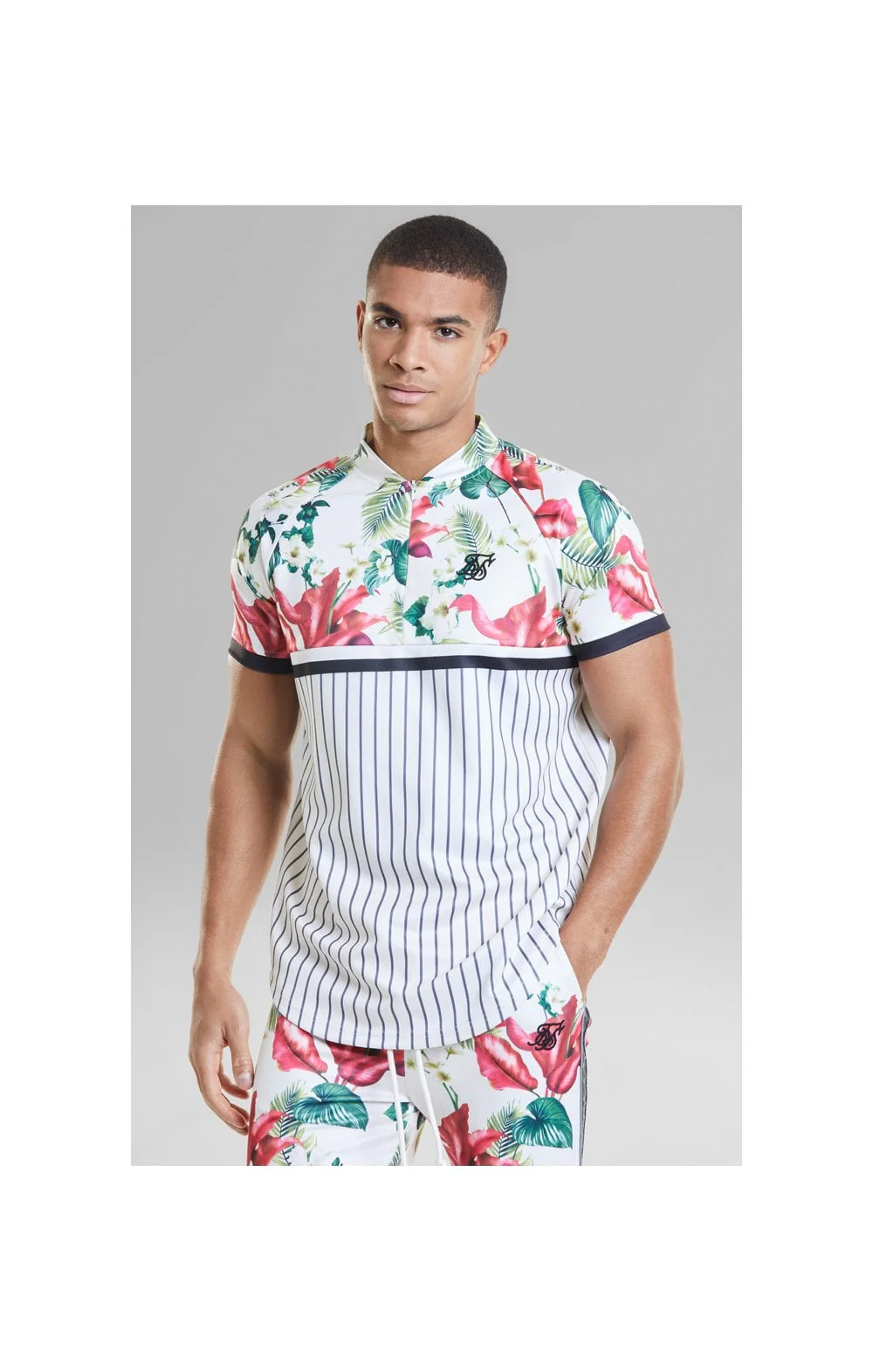 SikSilk Retro Tropics Baseball Tee - Ecru & Floral