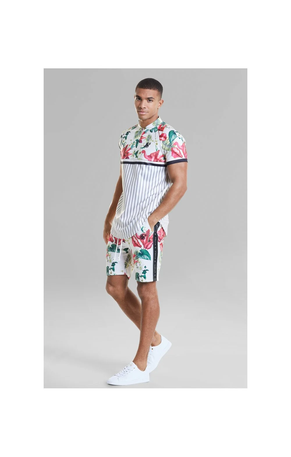 SikSilk Retro Tropics Baseball Tee - Ecru & Floral - Image 3