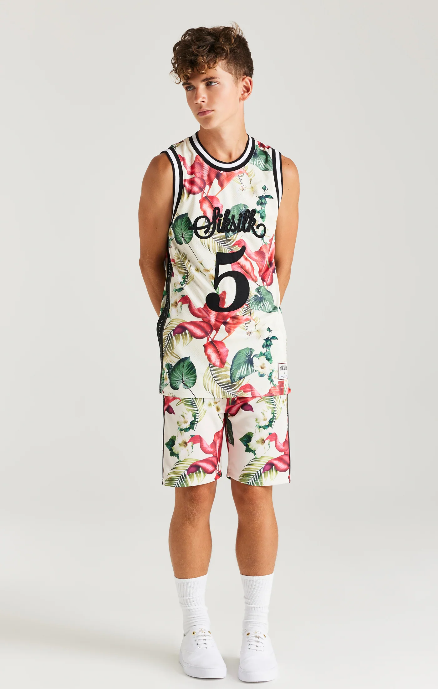 SikSilk Retro Tropics Basketball Vest - Ecru - Image 3