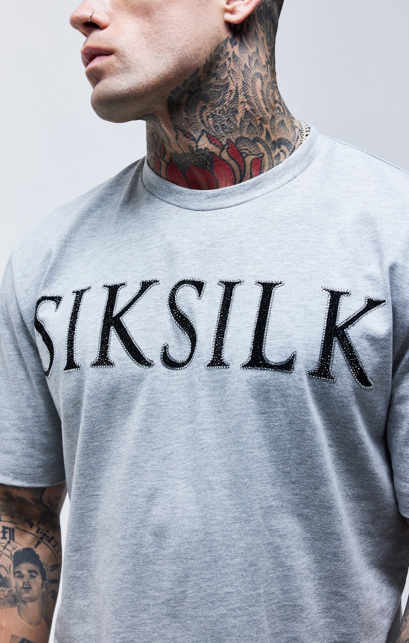 SikSilk Rhinestone Straight Hem Tee - Grey Marl