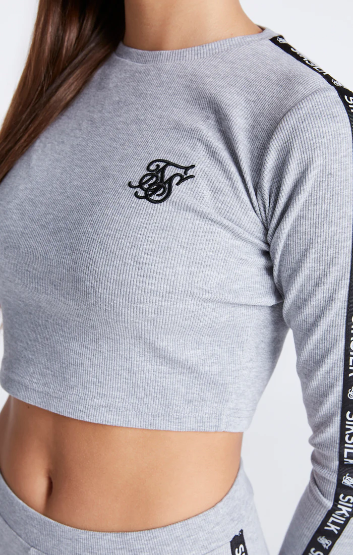 Girls Grey Marl Ribbed Taped Cropped T-Shirt - Image 3