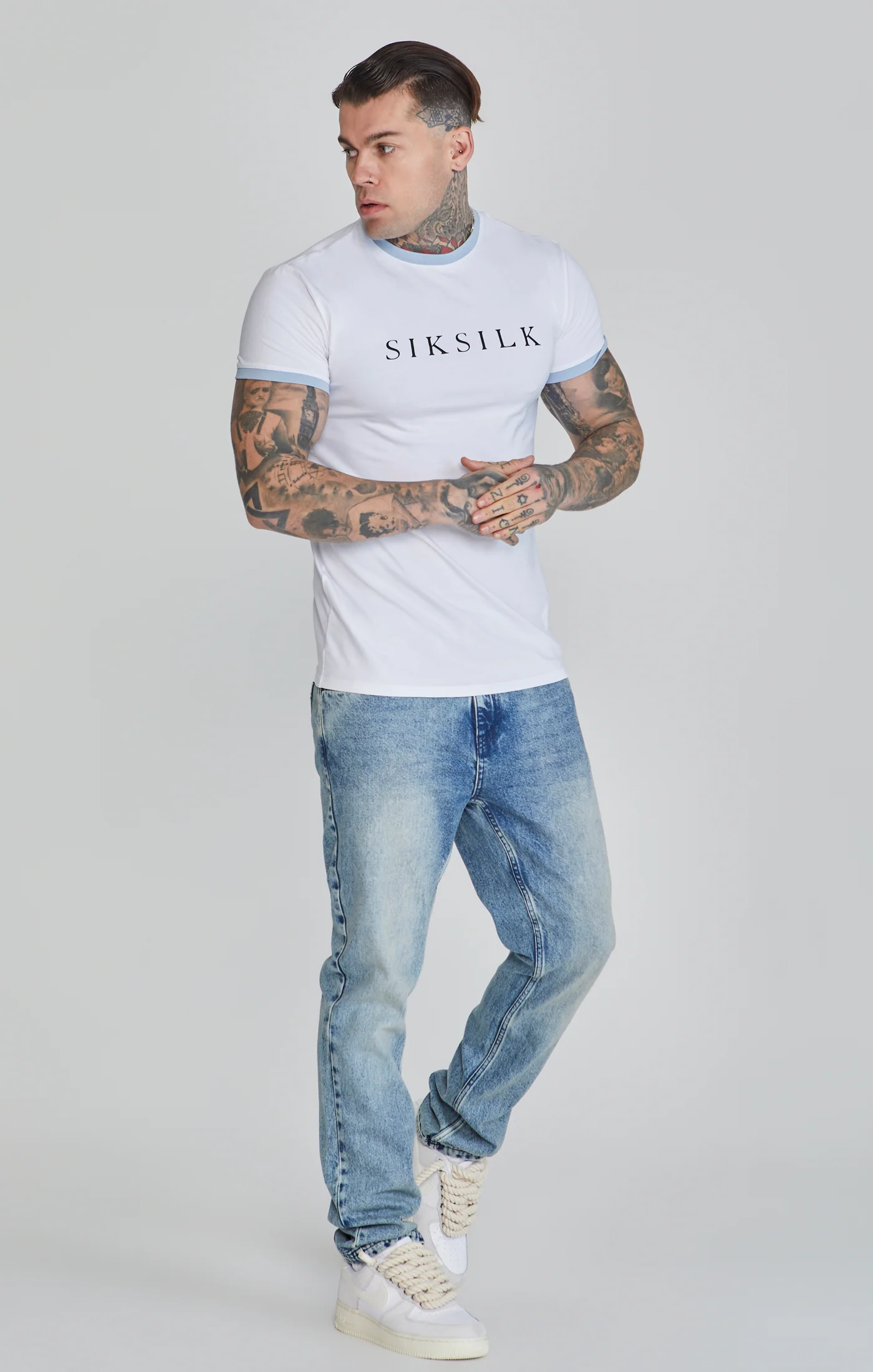 White Blue Ringer T-Shirt - Image 4