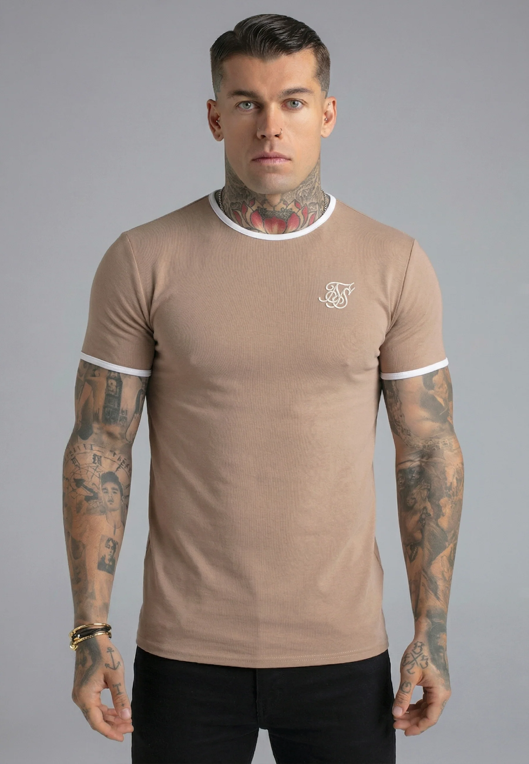 Beige and White Ringer T-Shirt