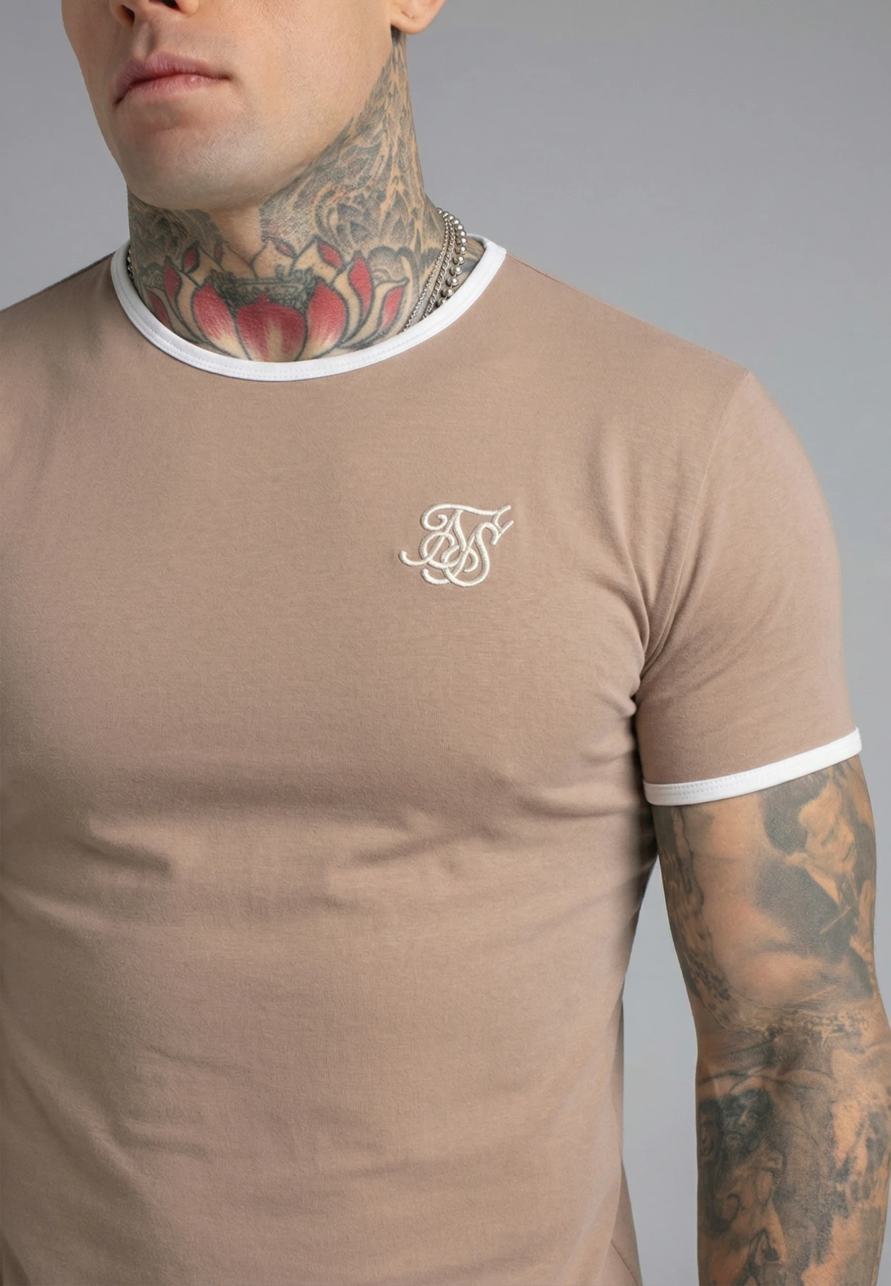 Beige and White Ringer T-Shirt - Image 2