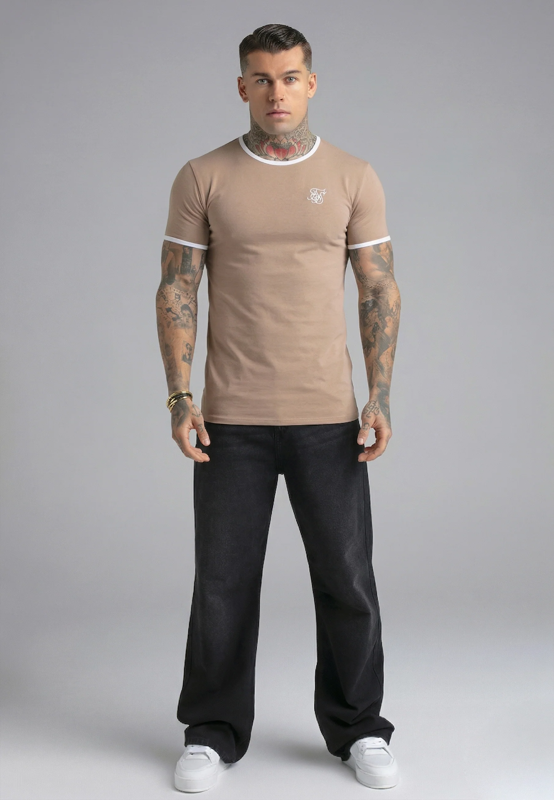 Beige and White Ringer T-Shirt - Image 3