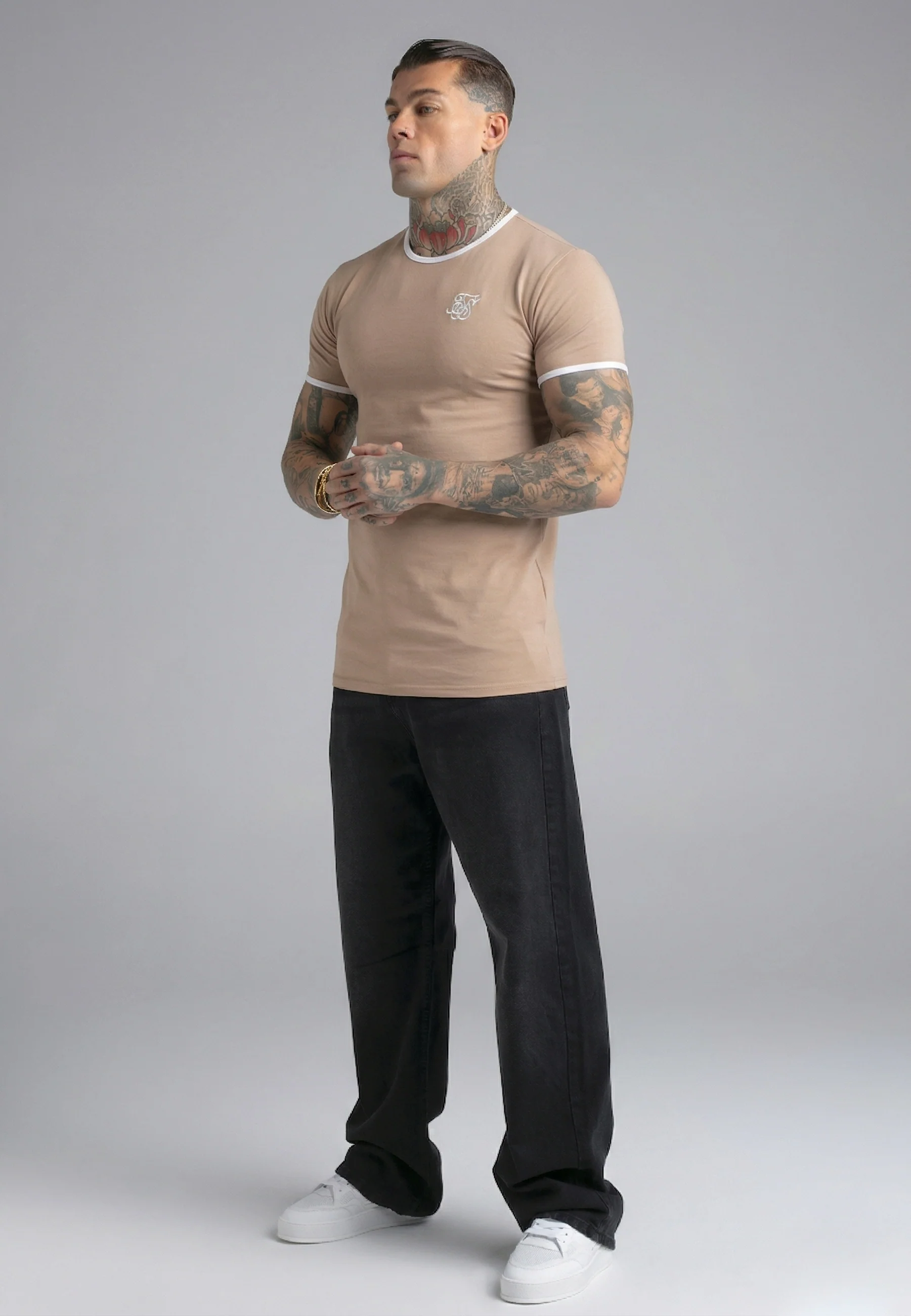 Beige and White Ringer T-Shirt - Image 4