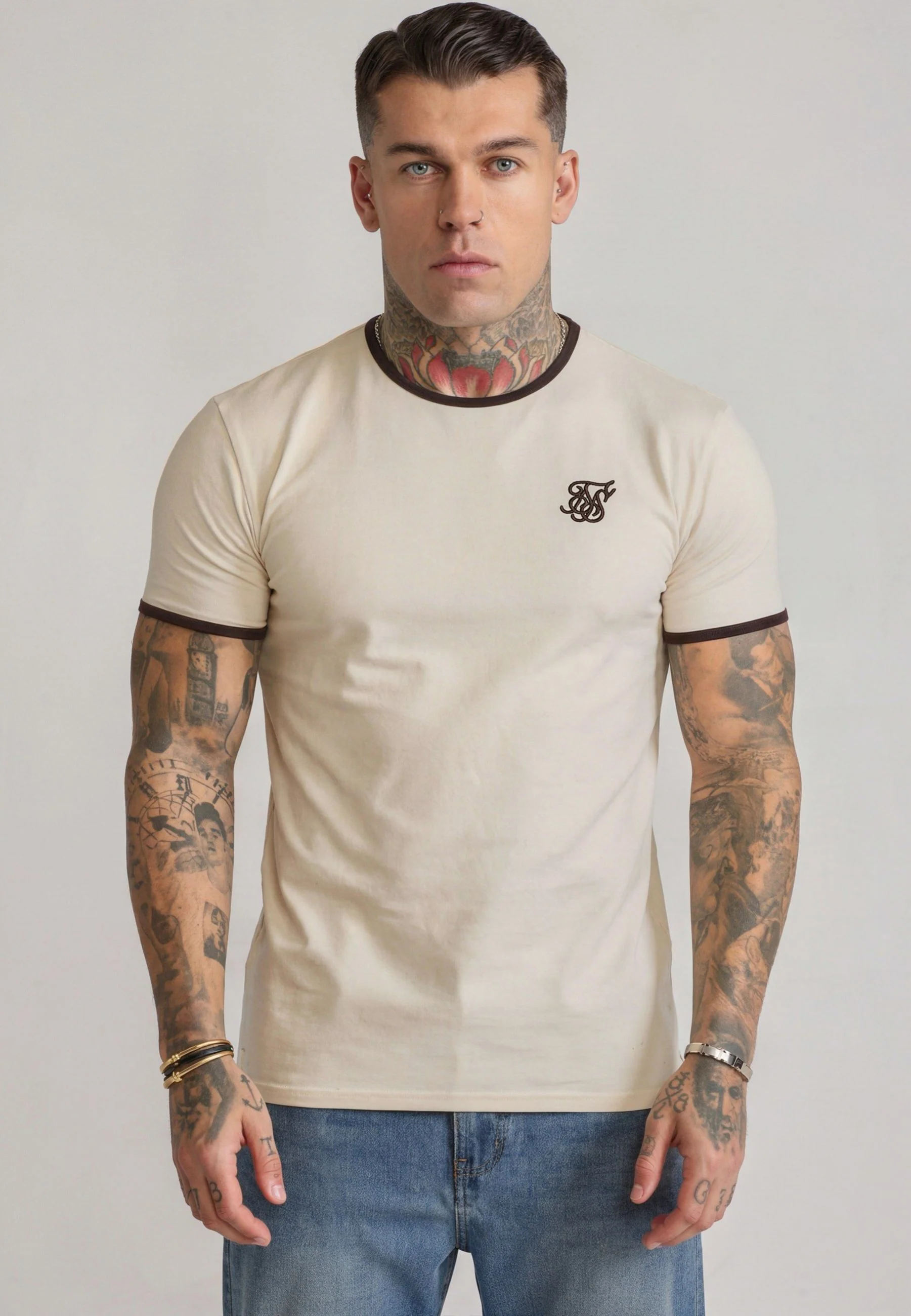 Ecru and Brown Ringer T-Shirt